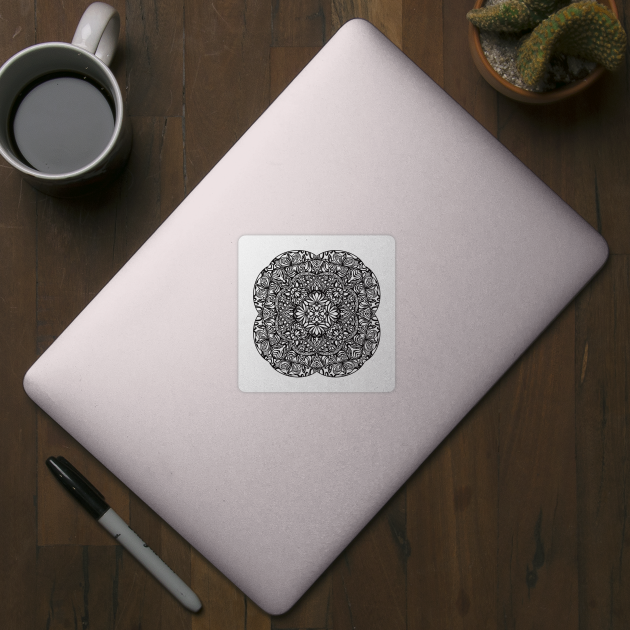 Flowery Mandala - Intricate Black and White Digital Illustration - Vibrant and Eye-catching Design for printing on t-shirts, wall art, pillows, phone cases, mugs, tote bags, notebooks and more by cherdoodles